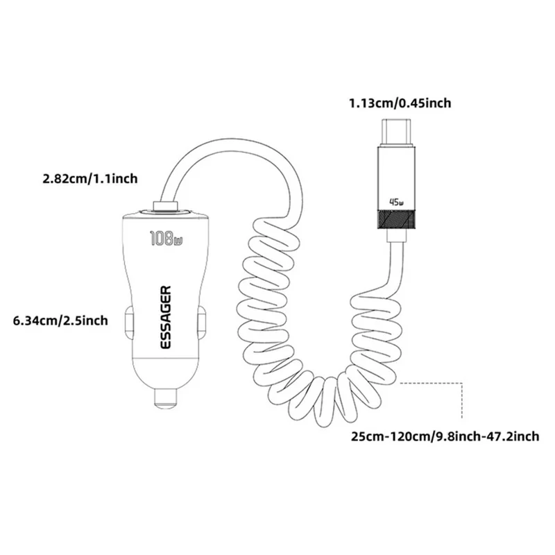 ESSAGER 108W Car Charger Digital Display Spring Cable 2C+A 45W PD Fast Charging Adapter - Black