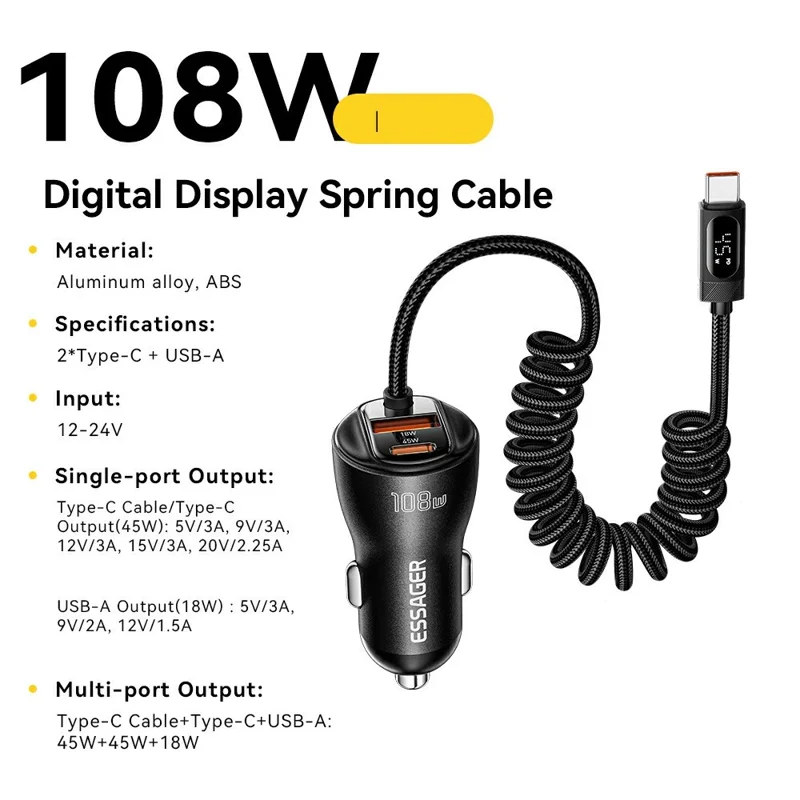 ESSAGER 108W Car Charger Digital Display Spring Cable 2C+A 45W PD Fast Charging Adapter - Black