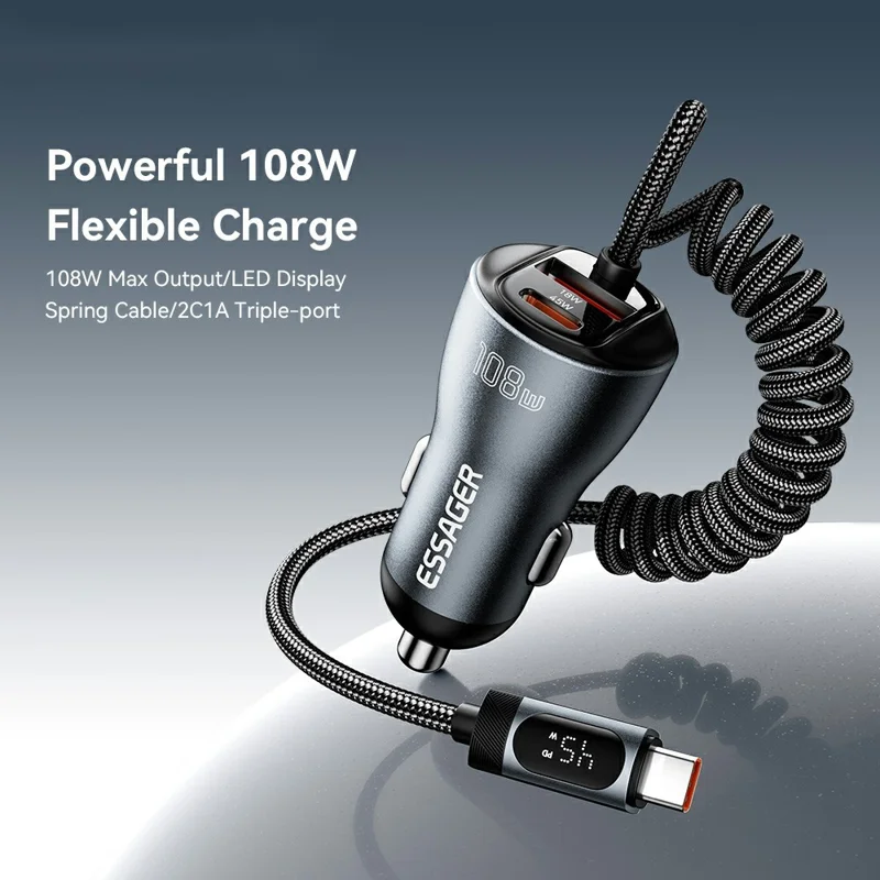 ESSAGER 108W Car Charger Digital Display Spring Cable 2C+A 45W PD Fast Charging Adapter - Black
