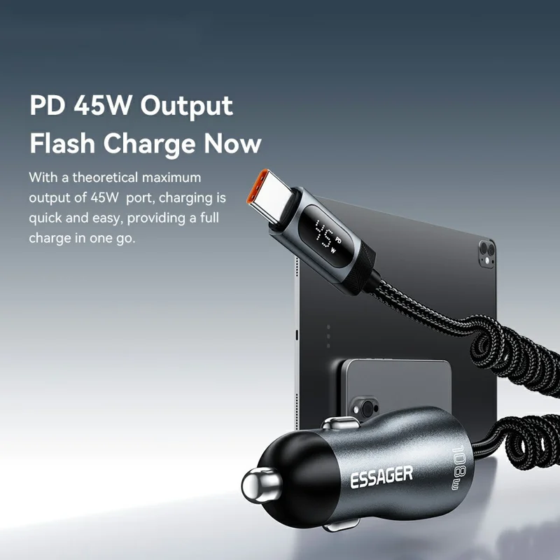 ESSAGER 108W Car Charger Digital Display Spring Cable 2C+A 45W PD Fast Charging Adapter - Black