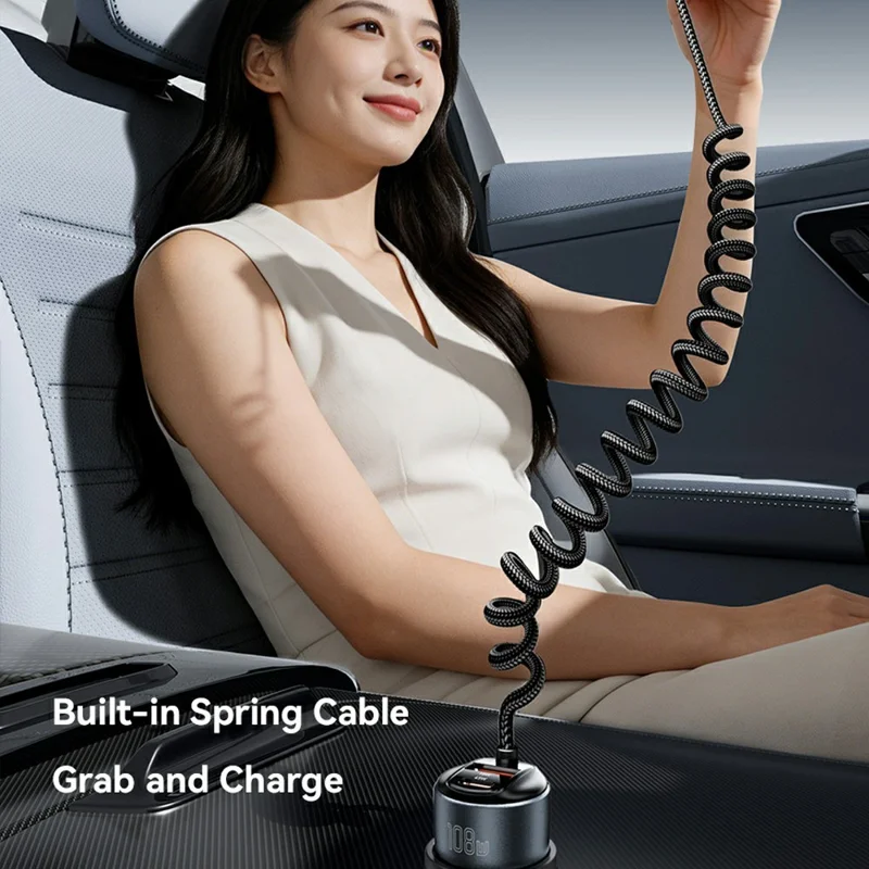 ESSAGER 108W Car Charger Digital Display Spring Cable 2C+A 45W PD Fast Charging Adapter - Black
