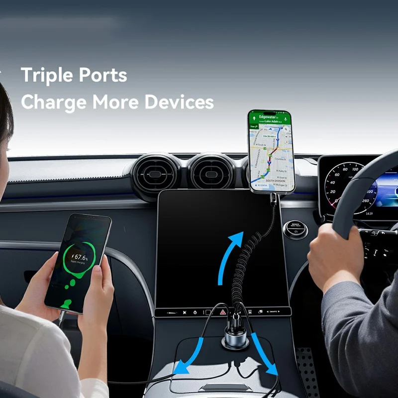 ESSAGER 108W Car Charger Digital Display Spring Cable 2C+A 45W PD Fast Charging Adapter - Black