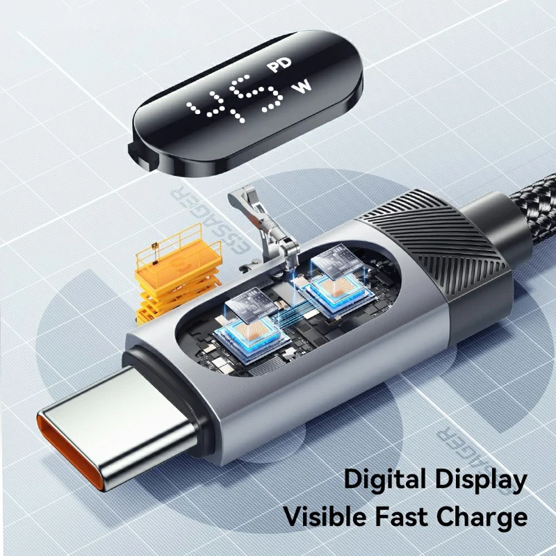ESSAGER 108W Car Charger Digital Display Spring Cable 2C+A 45W PD Fast Charging Adapter - Black