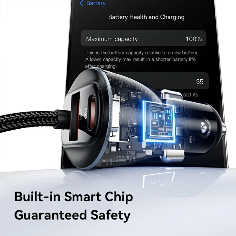 ESSAGER 108W Car Charger Digital Display Spring Cable 2C+A 45W PD Fast Charging Adapter - Black