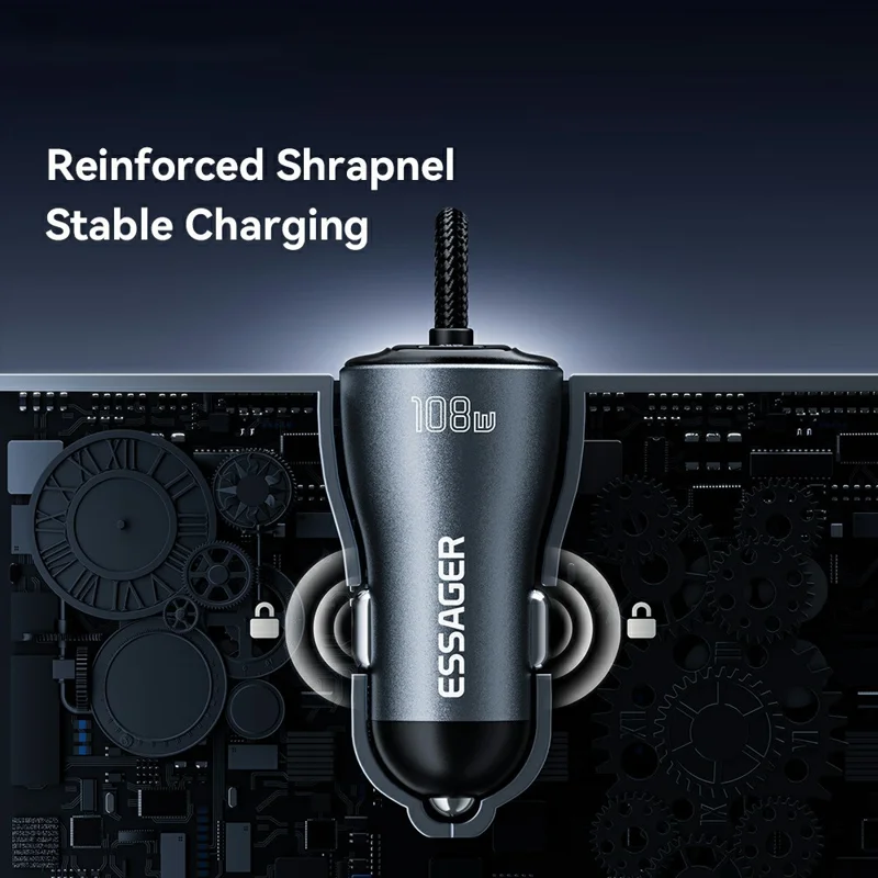 ESSAGER 108W Car Charger Digital Display Spring Cable 2C+A 45W PD Fast Charging Adapter - Black