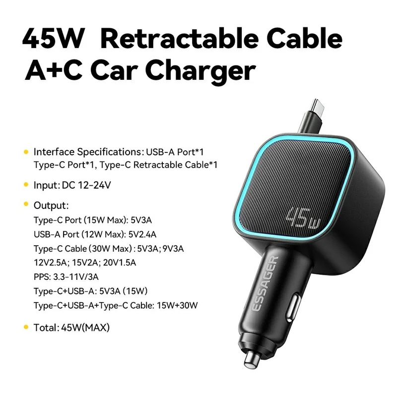 ESSAGER 45W Carregador para Carro 2C+A com Cabo Recolhível Incorporado, Adaptador de Alimentação Rápida PD