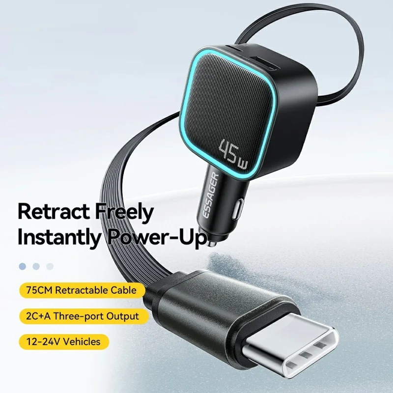 ESSAGER 45W Carregador para Carro 2C+A com Cabo Recolhível Incorporado, Adaptador de Alimentação Rápida PD