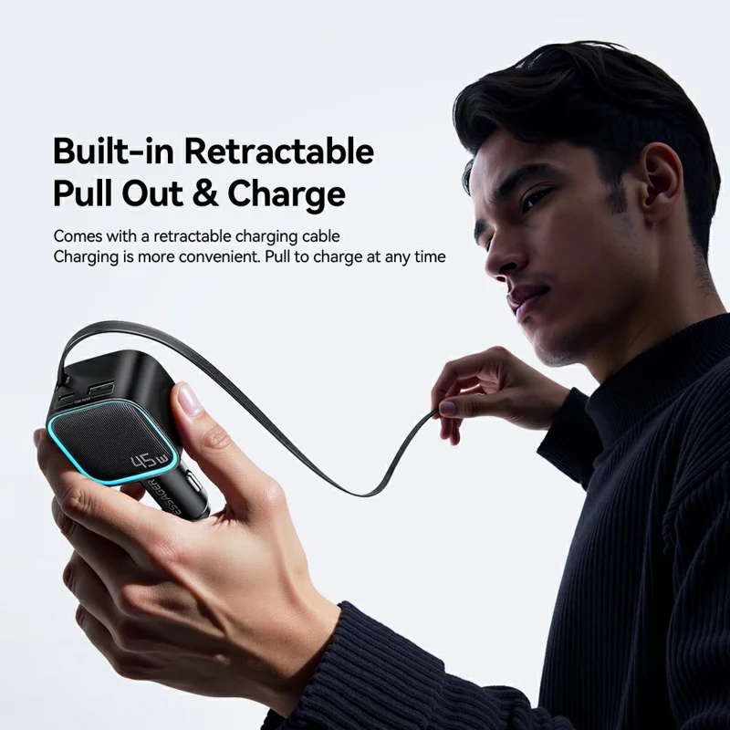 ESSAGER 45W Carregador para Carro 2C+A com Cabo Recolhível Incorporado, Adaptador de Alimentação Rápida PD