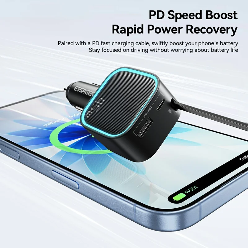 ESSAGER 45W Carregador para Carro 2C+A com Cabo Recolhível Incorporado, Adaptador de Alimentação Rápida PD