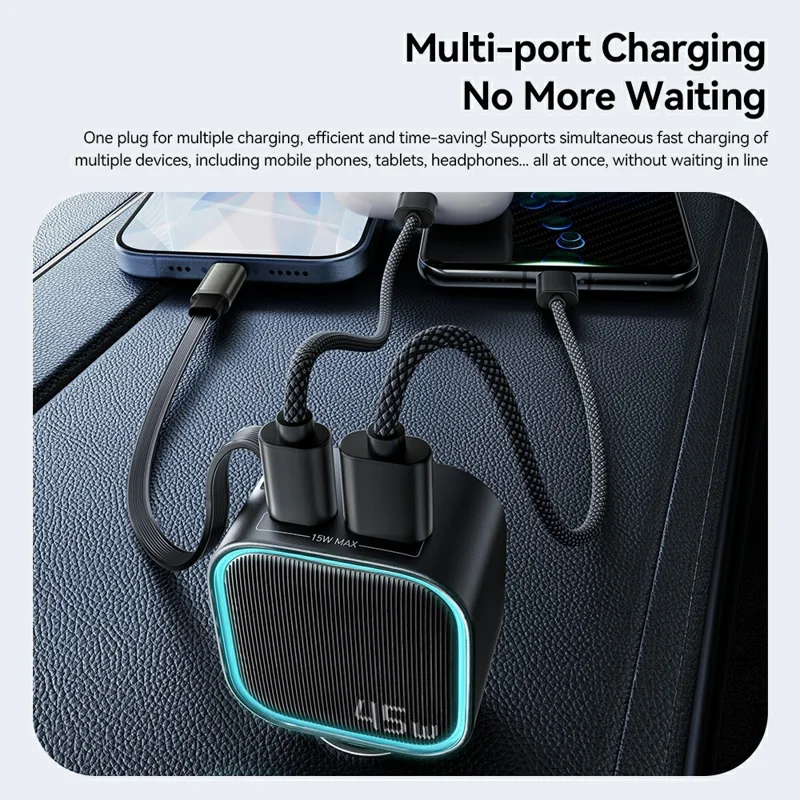 ESSAGER 45W Carregador para Carro 2C+A com Cabo Recolhível Incorporado, Adaptador de Alimentação Rápida PD