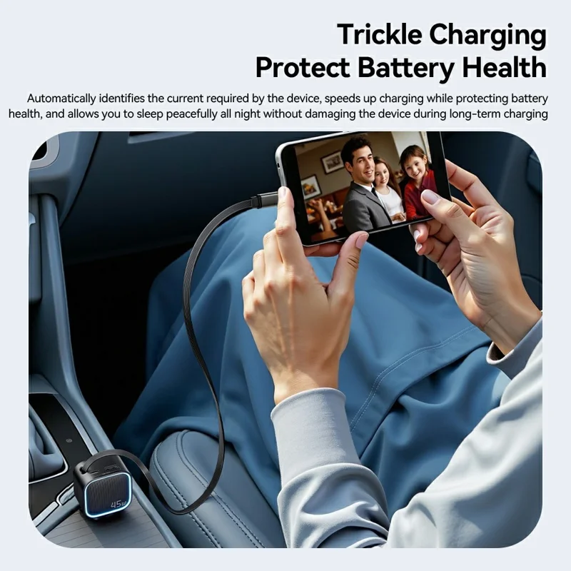 ESSAGER 45W Carregador para Carro 2C+A com Cabo Recolhível Incorporado, Adaptador de Alimentação Rápida PD