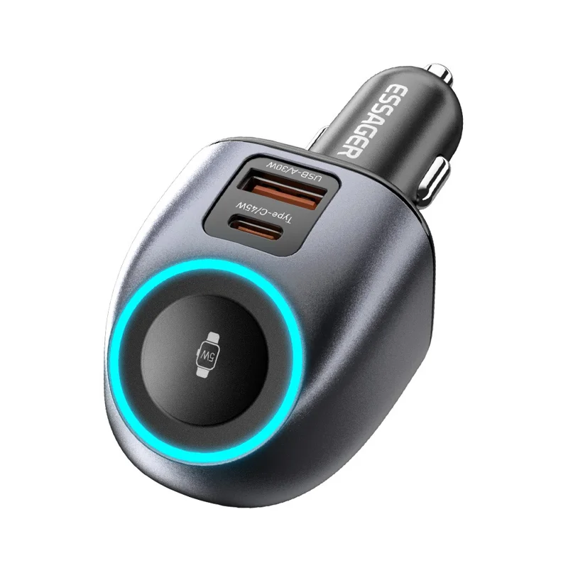 ESSAGER ES-CC31 50W 2 in 1 Car Charger Type-C + USB-A Adapter with Watch Charging - Grey