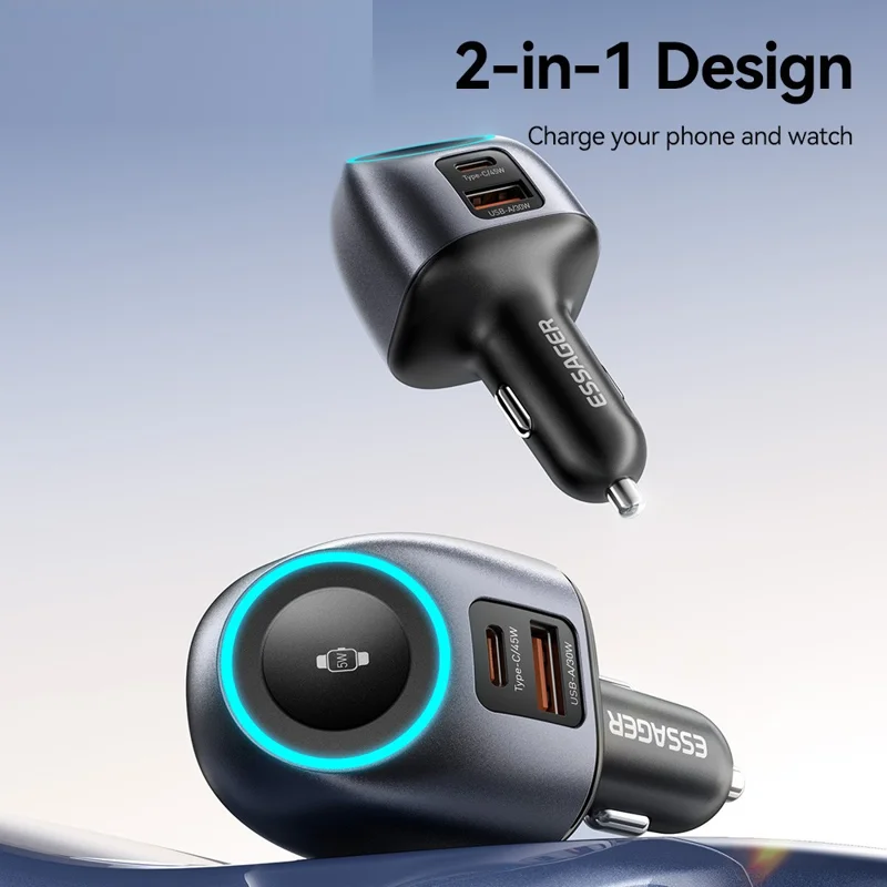 ESSAGER ES-CC31 50W 2 in 1 Car Charger Type-C + USB-A Adapter with Watch Charging - Grey