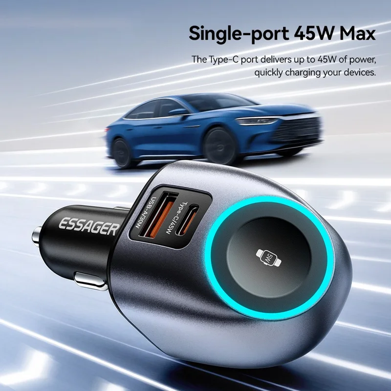 ESSAGER ES-CC31 50W 2 in 1 Car Charger Type-C + USB-A Adapter with Watch Charging - Grey