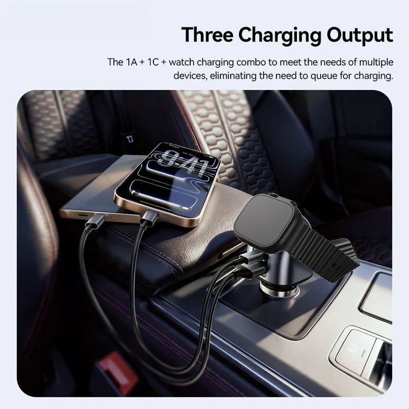 ESSAGER ES-CC31 50W 2 in 1 Car Charger Type-C + USB-A Adapter with Watch Charging - Grey