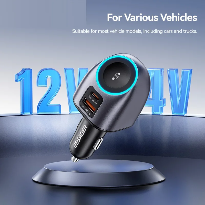 ESSAGER ES-CC31 50W 2 in 1 Car Charger Type-C + USB-A Adapter with Watch Charging - Grey