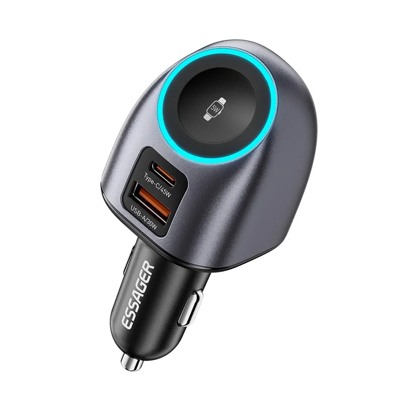 ESSAGER ES-CC31 50W 2 in 1 Car Charger Type-C + USB-A Adapter with Watch Charging - Grey