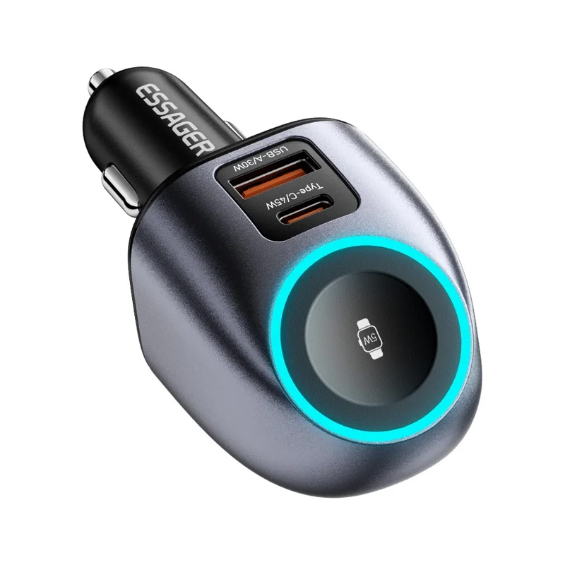 ESSAGER ES-CC31 50W 2 in 1 Car Charger Type-C + USB-A Adapter with Watch Charging - Grey