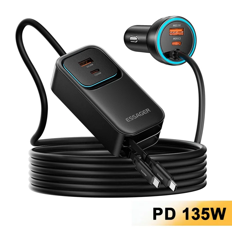 ESSAGER F789 1.5m 135W Rear-Seat Car Charger with 70cm Retractable Cables - Black