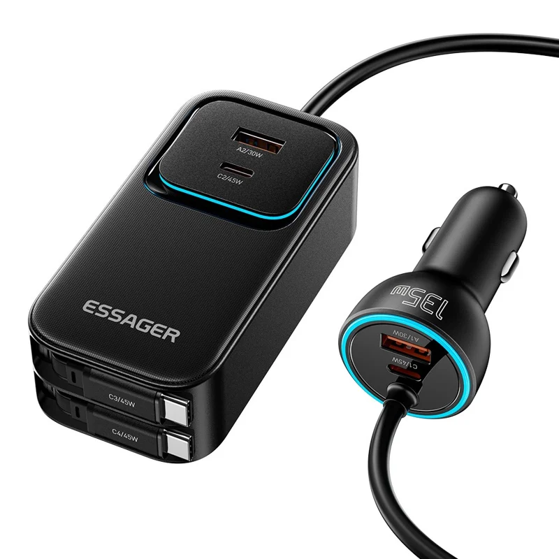 ESSAGER F789 1.5m 135W Rear-Seat Car Charger with 70cm Retractable Cables - Black