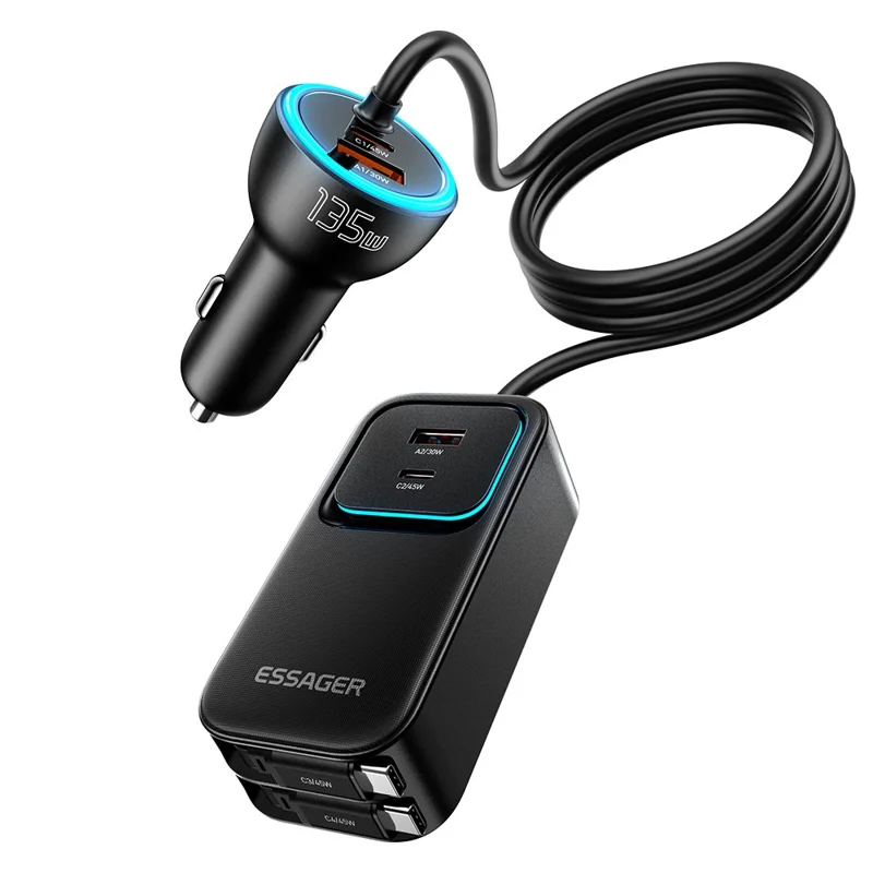 ESSAGER F789 1.5m 135W Rear-Seat Car Charger with 70cm Retractable Cables - Black