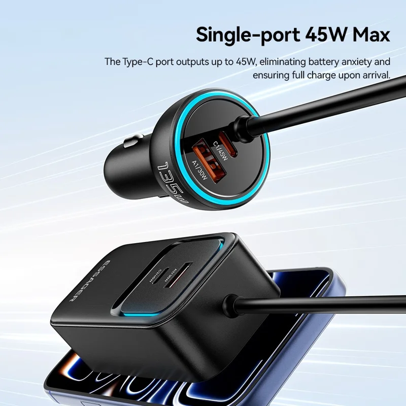 ESSAGER F789 1.5m 135W Rear-Seat Car Charger with 70cm Retractable Cables - Black