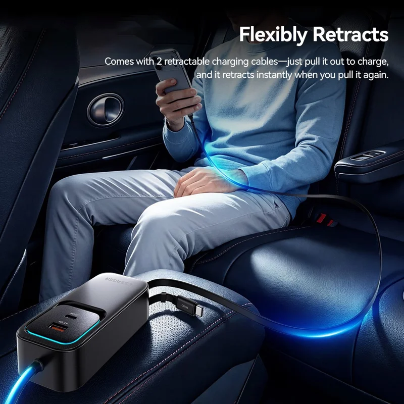 ESSAGER F789 1.5m 135W Rear-Seat Car Charger with 70cm Retractable Cables - Black