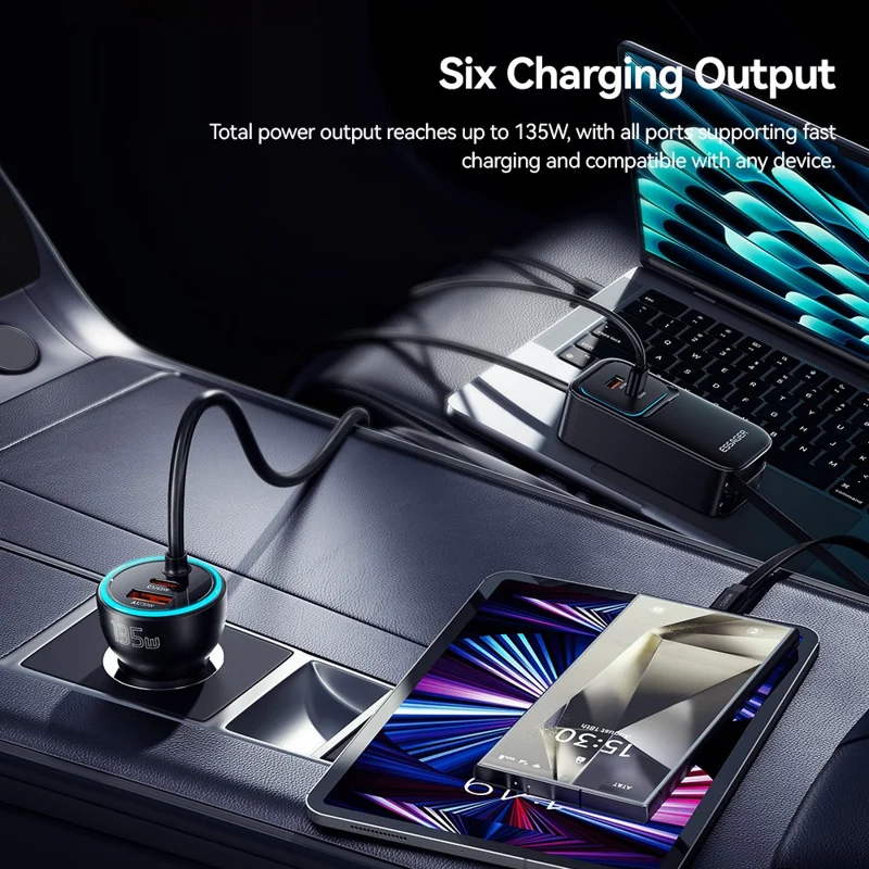 ESSAGER F789 1.5m 135W Rear-Seat Car Charger with 70cm Retractable Cables - Black