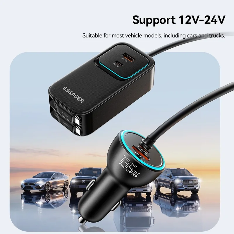 ESSAGER F789 1.5m 135W Rear-Seat Car Charger with 70cm Retractable Cables - Black