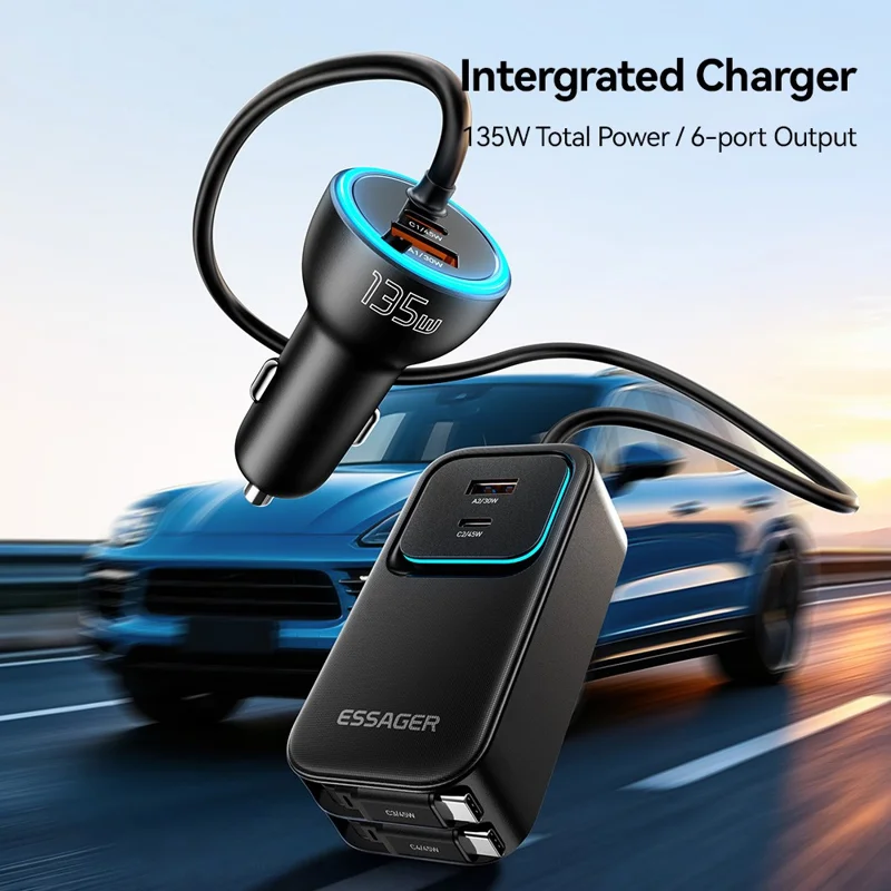 ESSAGER F789 1.5m 135W Rear-Seat Car Charger with 70cm Retractable Cables - Black