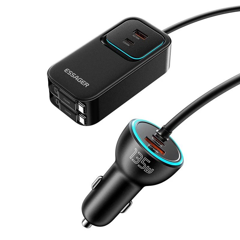 ESSAGER F789 1.5m 135W Rear-Seat Car Charger with 70cm Retractable Cables - Black