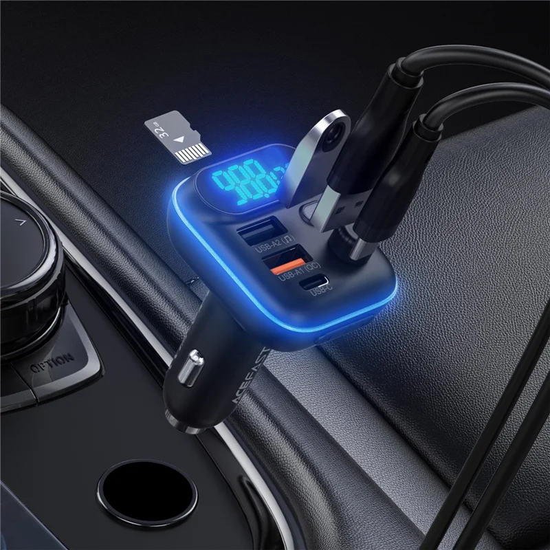ACEFAST B25 36W Carregador Rápido Transmissor FM para Carro com Bluetooth 5.4 Leitor MP3 - Preto