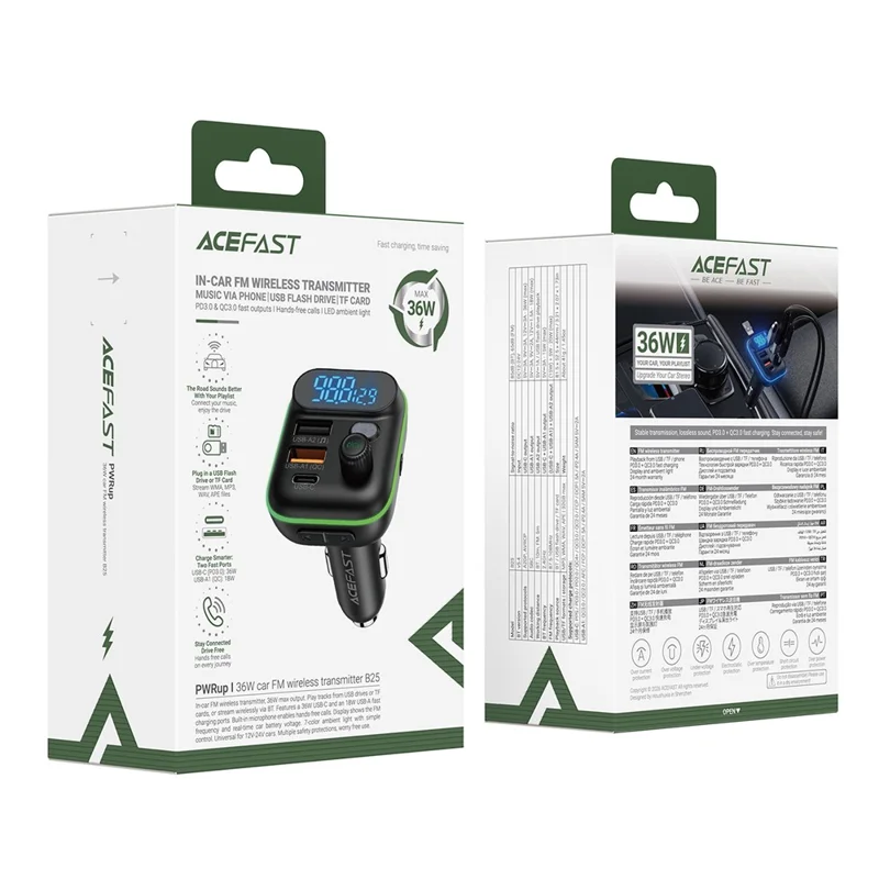 ACEFAST B25 36W Carregador Rápido Transmissor FM para Carro com Bluetooth 5.4 Leitor MP3 - Preto