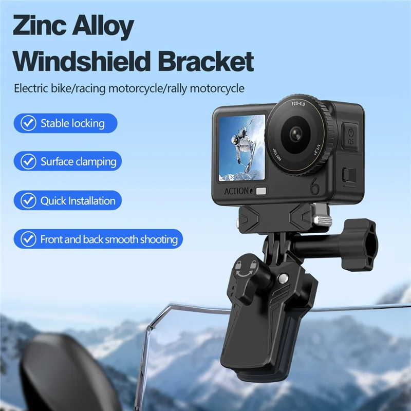 For GoPro Action Camera Motorcycle Windshield Clamp Mount 180 Degree Adjustable Zinc Alloy Camera Holder - Black