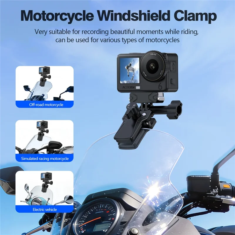 For GoPro Action Camera Motorcycle Windshield Clamp Mount 180 Degree Adjustable Zinc Alloy Camera Holder - Black