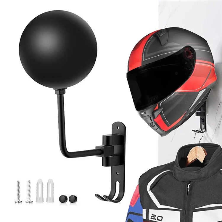 Motorcycle Wall Mounted Helmet Holder 180-Degree Rotating E-Bike Helmet Display Rack with 2 Hook for Hats, Caps, Coats, Jackets - Black