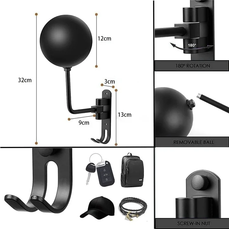 Soporte de Casco Montado en la Pared de la Motocicleta 180 Grados de Casco de Bicicleta e Giratoria de 180 Grados Con 2 Gancho Para Sombreros, Tapas, Abrigos, Chaquetas - Negro