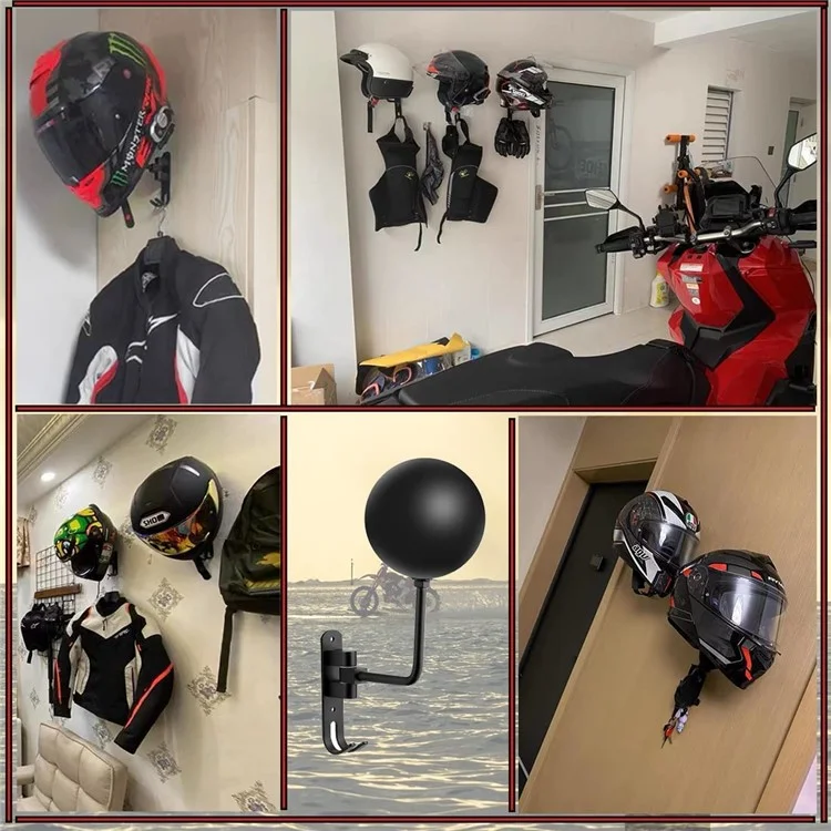 Motorcycle Wall Mounted Helmet Holder 180-Degree Rotating E-Bike Helmet Display Rack with 2 Hook for Hats, Caps, Coats, Jackets - Black