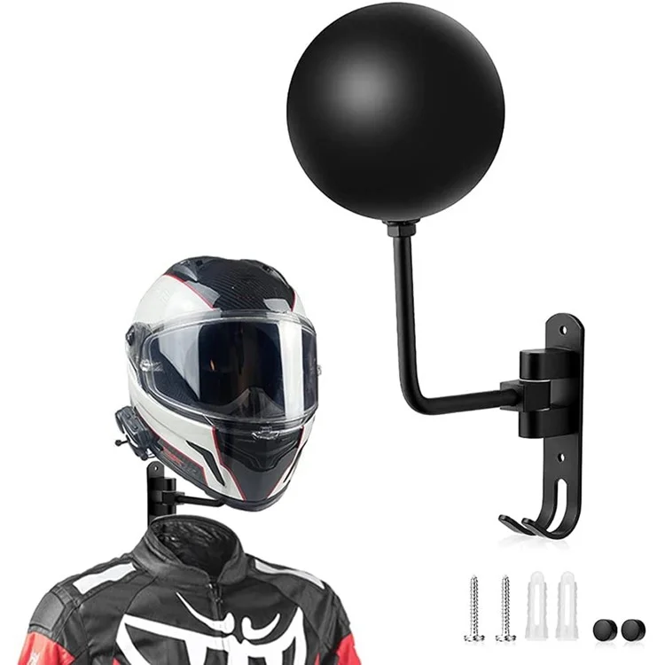 Soporte de Casco Montado en la Pared de la Motocicleta 180 Grados de Casco de Bicicleta e Giratoria de 180 Grados Con 2 Gancho Para Sombreros, Tapas, Abrigos, Chaquetas - Negro