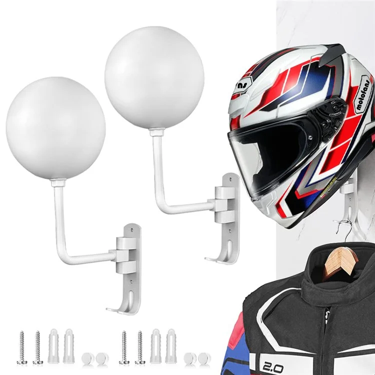 1Pair Motorcycle Wall Mounted Helmet Display Rack 180-Degree Rotating E-Bike Helmet Holder with 2 Hook for Hats, Caps, Keys, Bags - White