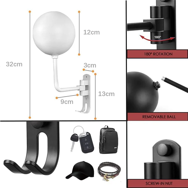 1Par de Suporte de Parede para Capacete de Motocicleta Giratório de 180 Graus com 2 Ganchos para Chapéus, Bonés, Chaves, Bolsas - Branco