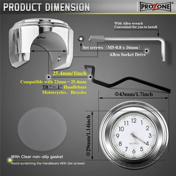 Reloj de Motocicleta de Aleación de Aluminio 22-25.4mm Manillar Reloj Luminoso / Termómetro - Reloj / Carcasa Plateada Esfera Blanca