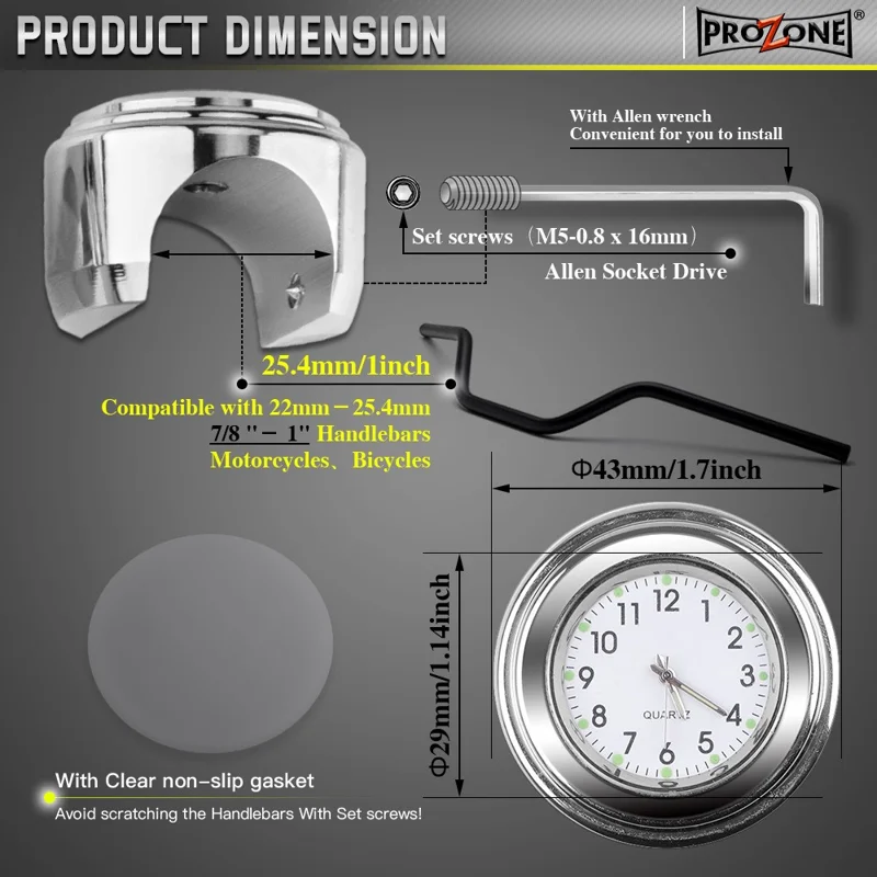 Aluminum Alloy Motorcycle Bike Clock 22-25.4mm Handlebar Luminous Clock / Thermometer - Clock / Silver Shell Black Dial