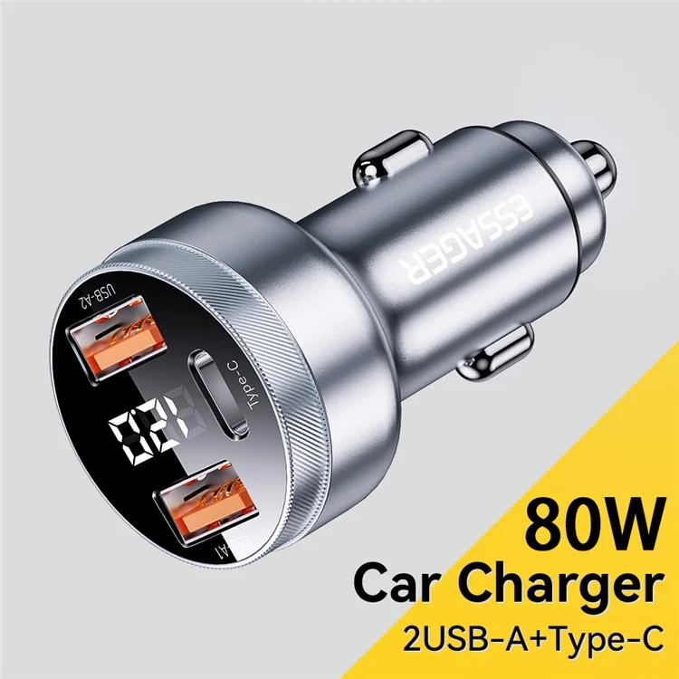 ESSAGER 80W Digital Display Car Ladegerät 2 USB-A+USB-C Zigarette Leichter Schnelles Ladegerät