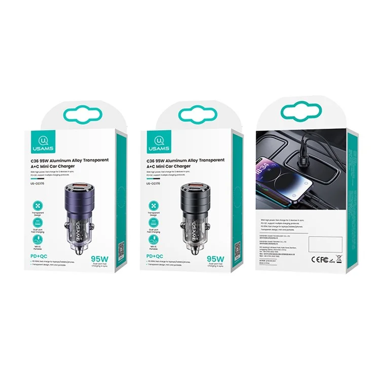 USAMS US-CC176 C36 95W USB-A+USB-C Car Charger Transparent Mini Fast Car Charger with Light - Black