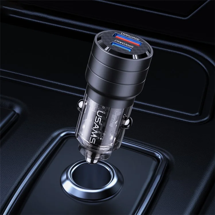 USAMS US-CC176 C36 95W USB-A+USB-C Car Charger Transparent Mini Fast Car Charger with Light - Black