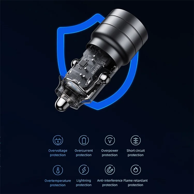 USAMS US-CC176 C36 95W USB-A+USB-C Car Charger Transparent Mini Fast Car Charger with Light - Black