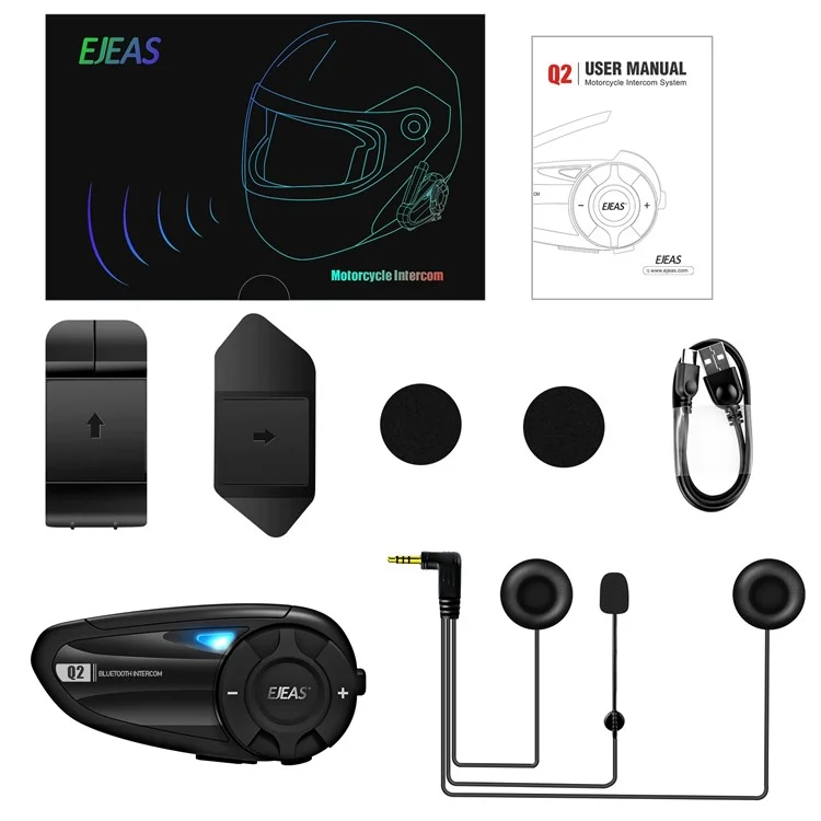 EJEAS Q2 Motorcycle Helmet Bluetooth-compatible Intercom 2 Rider Waterproof Walkie-Talkie Support FM Function, 3s Pairing