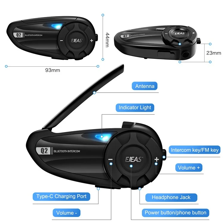 EJEAS Q2 Motorcycle Helmet Bluetooth Intercom 2 Rider Waterproof Walkie-Talkie Support FM Function, 3s Pairing