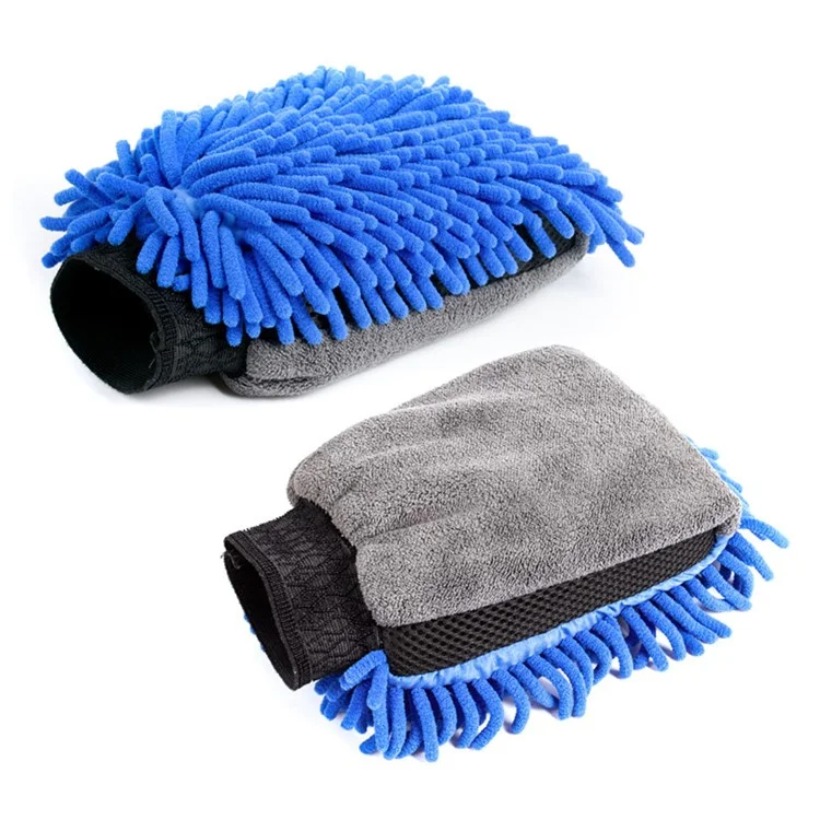 2PCS Chenille Car Wiping Gloves Double-Sided Coral Fleece Housework Dust Wool Bear Paw Car Cleaning Tool - Blue